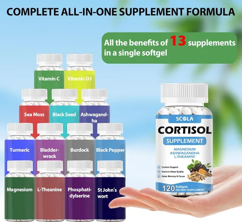 Vista 2 de SCOLA Suplemento de cortisol para mujeres y hombres con magnesio, Ashwagandha/L-teanina, administrador de desintoxicación de cortisol, reductor