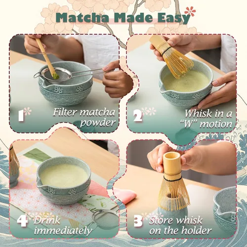 Vista 6 de Juego de té Matcha, kit japonés de 8 piezas con cuenco cerámico de diseño de flores de cerezo y olas, batidor de bambú, soporte para batidor