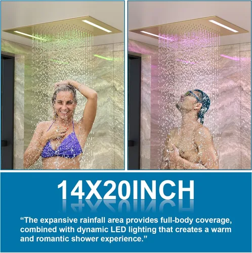 Vista 4 de ENGA - Sistema de ducha doble LED de lluvia, cabezal de ducha grande de 14 x 20 pulgadas + ducha de pared de 6 pulgadas, 4 chorros corporales