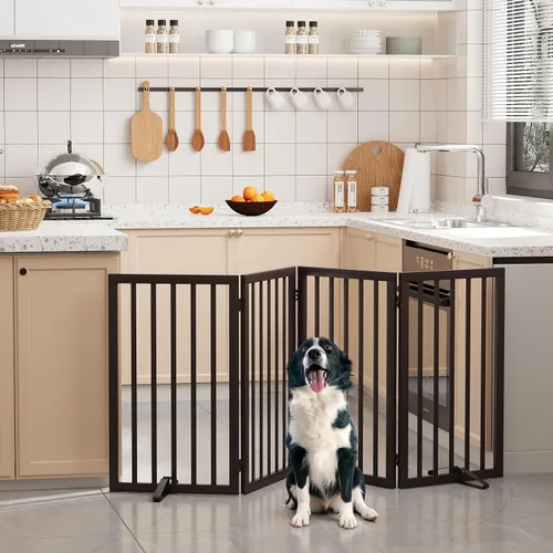 Vista 38 de Semiocthome Puertas de bambú para perros para interiores, puertas independientes de 2 paneles para cachorros para la casa con 2 soportes de metal