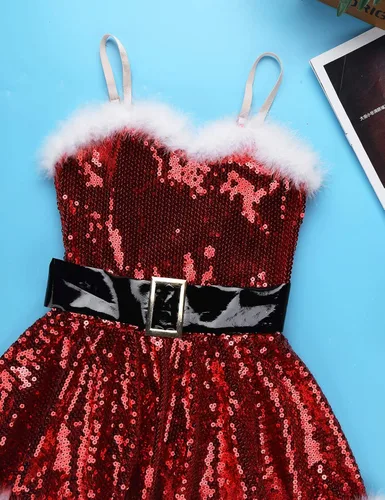 Vista 3 de CHICTRY Disfraz de señora Claus para niña lentejuelas brillantes vestido de fiesta de princesa con sombrero y mangas