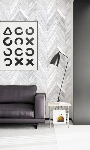 Vista 5 de Ismoon 15.6" x 118" Papel pintado de madera blanca en espiga de 15.6 x 118 pulgadas, papel de contacto de madera blanca gris, vinilo autoadhesivo