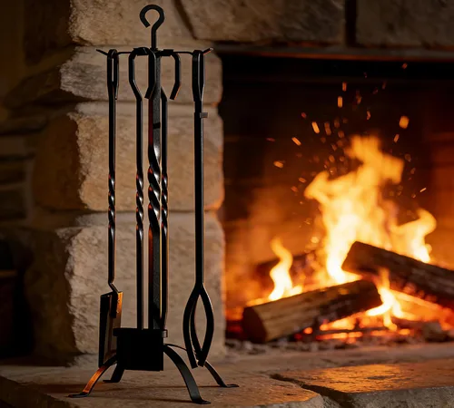 Vista 2 de Juego de 5 herramientas para chimenea de 31 pulgadas, juego de herramientas de hierro resistente Wrouhgt con póster, pala, pinzas, cepillo, soporte