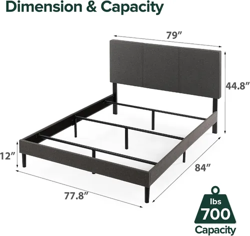 Vista 2 de ZINUS Cambril - Base de cama tapizada, soporte de acero duradero, marco de cama para somier y colchón, fácil montaje, gris oscuro, tamaño King