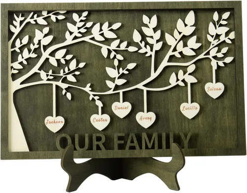 Vista 26 de Árbol genealógico con etiqueta de corazón, placas de madera grabadas personalizadas, regalos personalizados para madres, padres, escritorio, nombres