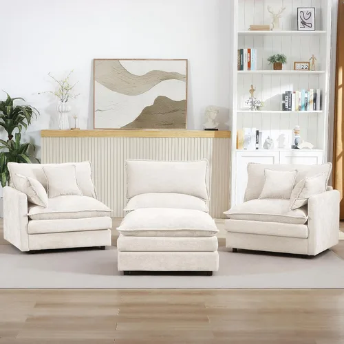 Vista 4 de Sofá modular beige en forma de L, moderno sofá convertible en forma de L de 3 plazas de chenilla suave, cómodo tapizado con juego otomano extraíble