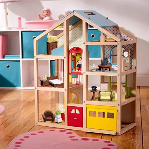 Vista 5 de Kit de 23 piezas de mini muebles marrones para casa de muñecas, accesorios de decoración DIY que incluyen juego de comedor, sala de estar