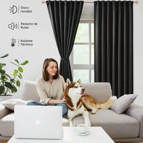 Vista 5 de Bujasso Cortinas de jacquard negras con bolsillo para barra, pestaña trasera y lazos de lujo, cortinas aisladas térmicamente para oscurecer