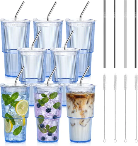 Vista 18 de 2 vasos de plástico de 15 onzas con tapas y pajita, tazas de plástico reutilizables para café helado, a prueba de fugas, vasos de viaje para café