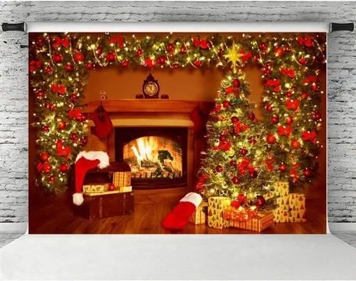 Vista 2 de Lofaris Telón de fondo de Navidad para chimenea, interior vintage, medias de árbol de Navidad, estrellas brillantes, fondo para fotografía, retrato