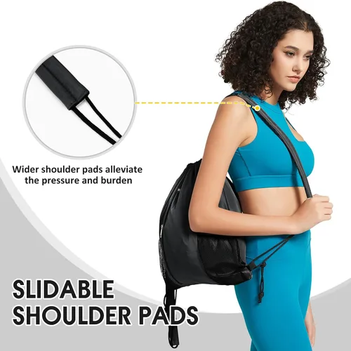 Vista 2 de WANDF Mochila con cordón y almohadilla para el hombro, mochila deportiva para gimnasio con bolsillo de malla para mujeres y hombres, Negro -, Classic