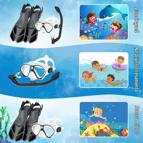 Vista 7 de Seovediary Kids Snorkel Set, Snorkeling Gear for Kids with Mask Fins Negro