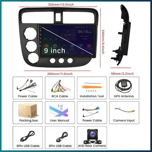 Vista 8 de Estéreo de coche Android 2G+64G para Honda Civic 2000-2005 inalámbrico A-pple CarPlay Android Auto, 9 pulgadas HD pantalla táctil navegación