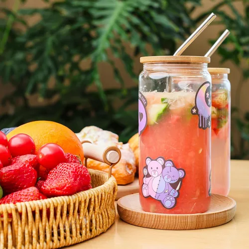 Vista 6 de ASKIZ 16 Vasos de Vidrio con Tapas de Bambú y Pajitas, Taza de Café Helado de 16 Oz, Juego de Vasos para Beber, Botellas de Agua de Vidrio