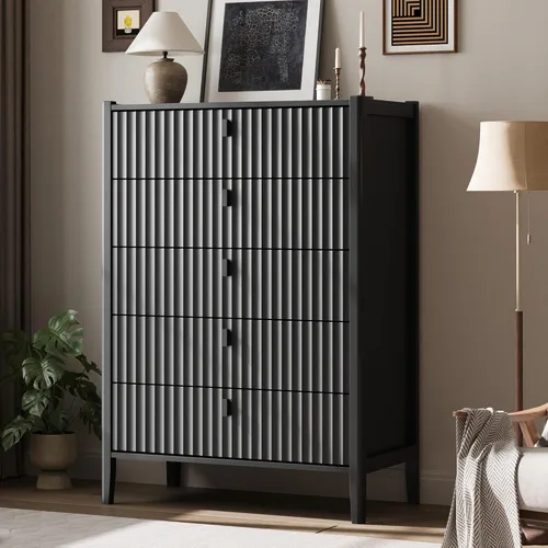 Vista 8 de Cómoda negra de 6 cajones para dormitorio, cómoda de madera moderna, cómoda doble de diseño acanalado con patas de madera, mueble de almacenamiento