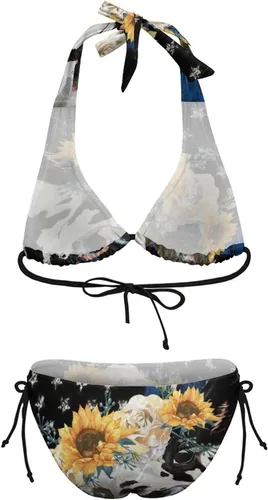 Vista 8 de Bikini para novia sexy bandera, girasol, parte inferior, traje de baño con tirantes ajustables, cuello halter, triangular