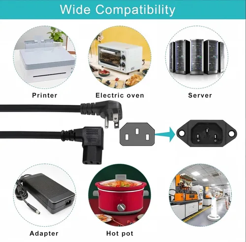 Vista 8 de Cable de alimentación de computadora de 90 grados en ángulo recto – Enchufe plano de 1 pie NEMA 5-15 enchufe a cable de alimentación IEC C13, cable