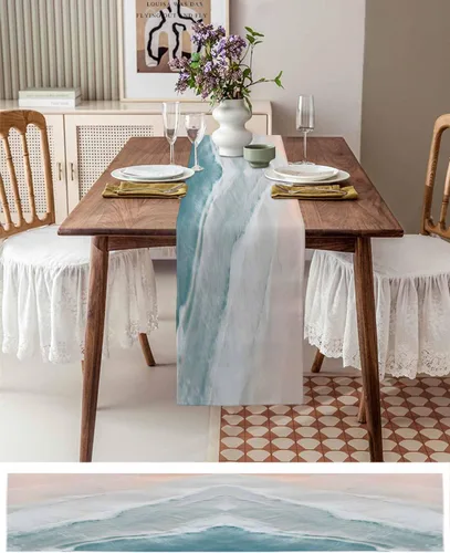 Vista 3 de Camino de mesa de playa de verano de 70 pulgadas de largo, bufandas de vestir estilo granja, náutico oceánico, costero, auqa, beige, mesa de comedor
