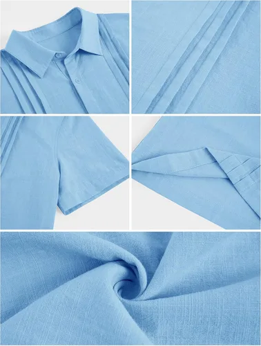 Vista 6 de Guayabera - Camisas de lino de algodón cubano de manga corta con botones, estilo casual, cuello para la playa