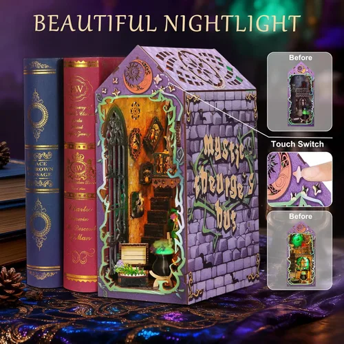 Vista 2 de Kit de rincón de libro Magic Wizard House DIY rompecabezas 3D, morado Decoración de estanterías de libros, regalos para amantes de los libros