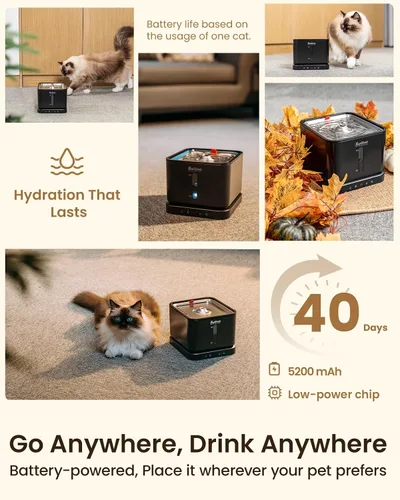 Vista 3 de Fuente de agua inalámbrica para gatos, bandeja de acero inoxidable de 3 L/100 onzas, fuentes para beber para gatos, fuentes de agua para mascotas