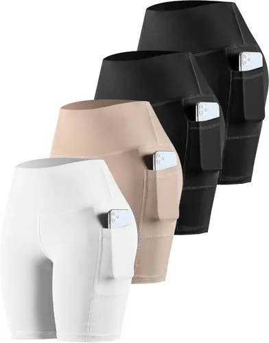 Vista 44 de CHRLEISURE - Pantalones cortos de ciclismo para mujer con bolsillos de licra, cintura alta, con control de abdomen para entrenamiento, yoga