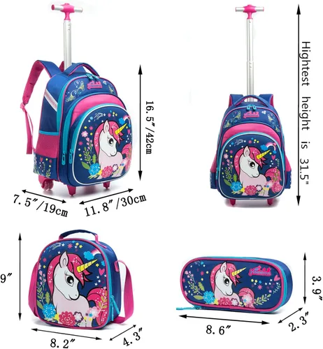 Vista 2 de Meetbelify Mochilas con ruedas de unicornio para niñas, mochila con ruedas para niñas, bolsas escolares con lonchera