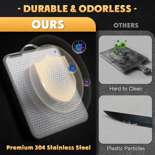 Vista 9 de Tabla de cortar grande de acero inoxidable, tabla de cortar de doble cara de 16 pulgadas para cocina, no tóxica, diseño de malla resistente a