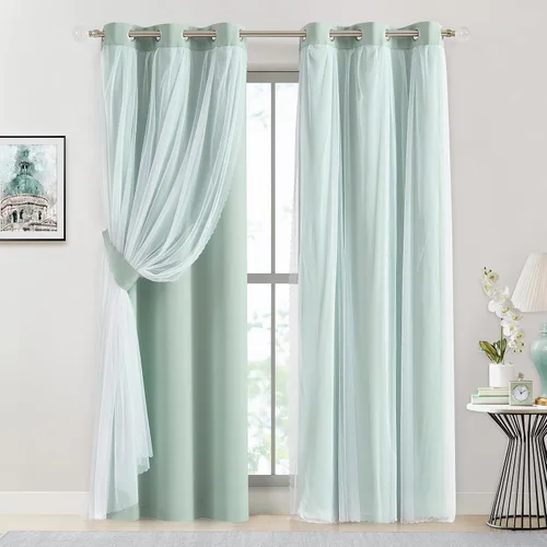 Vista 29 de Bujasso Cortinas 80% Opacas Beige con Superposición de Gasa Mezcla y Combinación Paneles de Ventana con Aislamiento Térmico de Doble Capa de 63