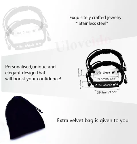 Vista 7 de 1 par de pulseras trenzadas Hademade para parejas, pulseras para hombres y mujeres grabadas con "I Love You 3000, God Gave Me You, His Crazy Her
