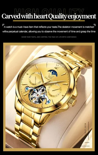 Vista 4 de OLEVS Watches Mens Automatic Self Winding Mechanical Gold Skeleton Fashion Luxury Dress Moon Phase Stainless Steel Tourbillon Mens Wrist Watch Day
