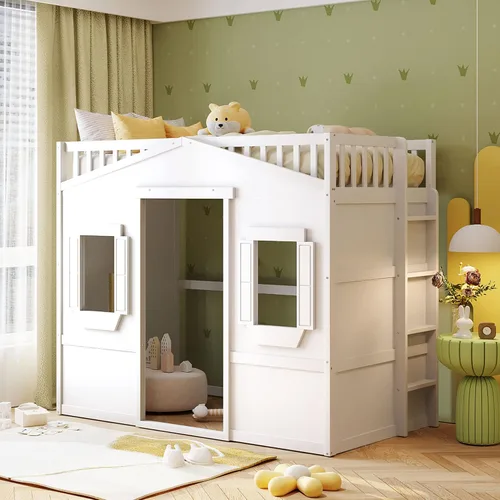 Vista 28 de Playhouse Wood Twin Size Loft Bed with Storage Staircase, Desk, Shelves