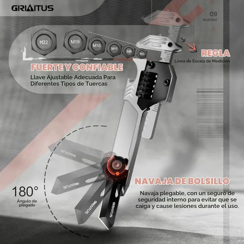 Vista 4 de Herramienta multiusos EDC Gear Multitool 7 en 1 con llave, abridor de botellas, rompecristales de ventana de coche, barra de palanca, destornillador