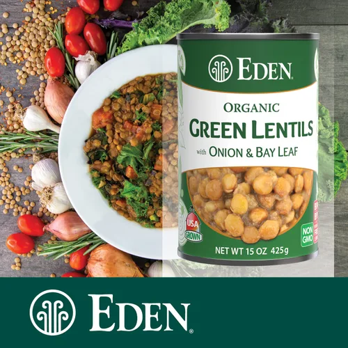 Vista 5 de Eden Lentejas verdes orgánicas con cebolla y hoja de laurel, lata de 15 onzas (paquete de 12), sin OMG, veganas, kosher, cultivadas en Estados