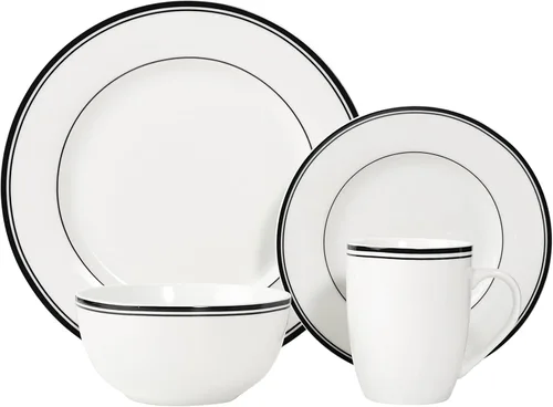 Vista 2 de Amazon Basics - Juego de vajilla de cocina de 16 piezas con rayas de café, platos, cuencos, tazas, servicio para 4, color negro