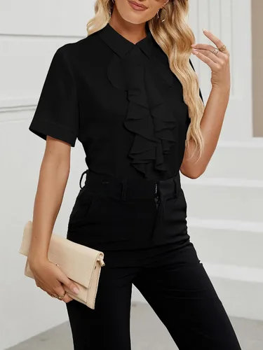 Vista 3 de Vrtige Women's Ruffle Front Collar Neck Button Down Short Sleeve Blouse Shirt Top