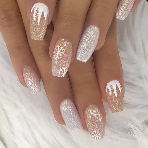 Vista 7 de Uñas postizas a presión con copos de nieve, uñas postizas brillantes de almendra, pegamento de Navidad nude para uñas a presión con copos de nieve