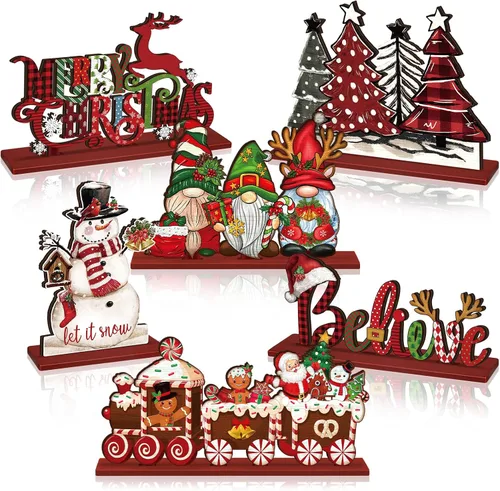 Vista 8 de Realspring 6 piezas de decoración de mesa de Navidad, centros de mesa de madera de Merry Christmas, decoración de mesa Joy Wood, gnomos de jengibre