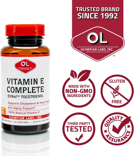 Vista 4 de Olympian Labs Vitamina E TOCOMIN COMPLETA, 200IU 60 cápsulas blandas, combate los radicales libres, apoya el cerebro, la piel y el cabello, 60