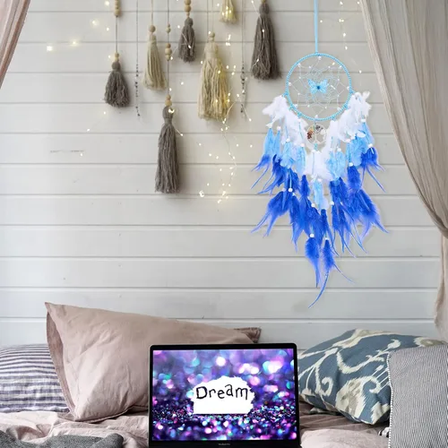 Vista 5 de Atrapasueños de árbol de la vida de mariposa de ensueño, decoración de pared, atrapasueños azul con piedra de cristal, atrapasueños de plumas hechas