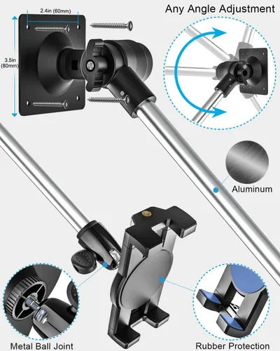 Vista 6 de Soporte de pared de aluminio para tableta, soporte plegable de 35 pulgadas para pared, clip de cámara web ajustable de 360°, para iPad Pro Air Mini