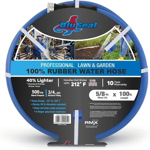 Vista 7 de BluSeal - Manguera de jardín de goma para agua caliente/fría, 100% goma, ultraligera, súper fuerte, 500 PSI, 50F a 190F grados, poliéster trenzado
