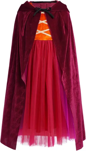 Vista 5 de OBEEII Disfraz de Halloween para niñas, vestido de bruja con capa, peluca de Halloween, trajes de cosplay