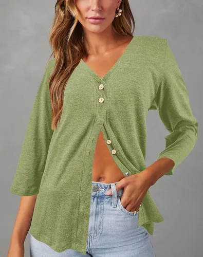Vista 3 de Dailiup Camisetas de manga 34 con cuello en V para mujer, cárdigan con botones, estilo casual, color liso, camisetas básicas, blusas