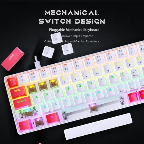 Vista 2 de abucow Teclado mecánico con cable 60% Diseño compacto de 68 teclas, anti-fantasma completo, interruptor marrón intercambiable, teclas rojas