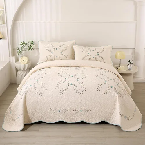 Vista 3 de vctops Elegante juego de edredón bordado floral, 100% algodón, reversible, acolchado, con borde festoneado, colcha suave y ligera con 2 fundas