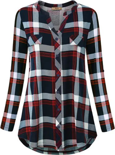Vista 3 de Miusey Henley - Blusa con cuello en V 34, manga enrollable, con botones