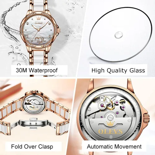 Vista 6 de OLEVS Reloj automático para mujer esfera grande de alta calidad con diamantes de cuerda automática acentuados para mujer reloj de vestir impermeable