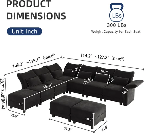 Vista 2 de LLappuil L Shaped Modular Sectional Sofa with Storage Seat, 9 Seater Sectional Couches for Living Room, Black Chenille