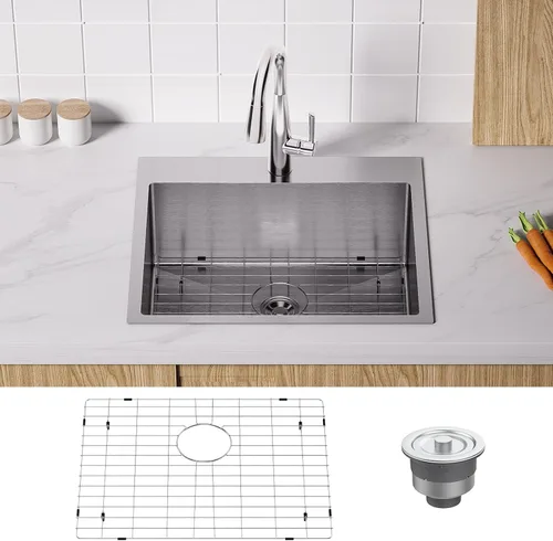 Vista 9 de Bonnlo Fregadero de cocina de 25 pulgadas de montaje superior, fregadero de cocina de estilo granja con protector de fregadero de calibre 18